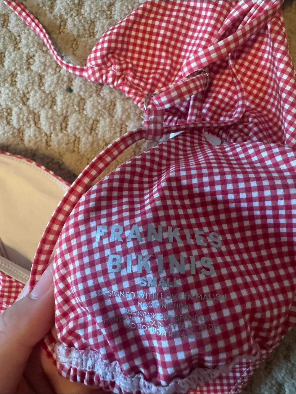 Frankie's Bikinis Red Gingham Triangle Bralette & Brief Set